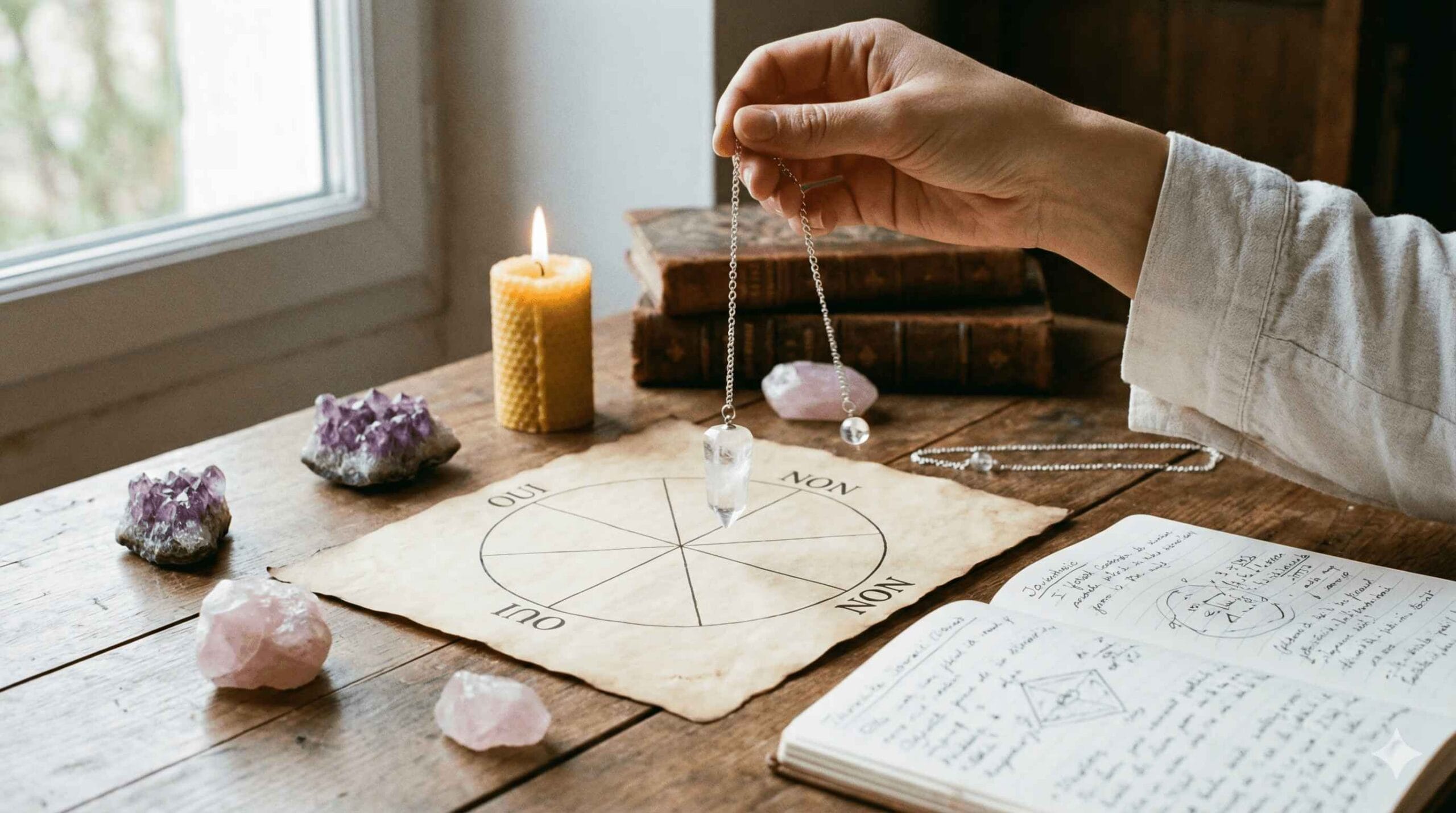 Plan rapproché d'une main tenant un pendule en cristal de roche qui oscille au-dessus d'un cadran de radiesthésie, illustrant le fonctionnement du pendule divinatoire. La scène, sur une table en bois éclairée à la bougie, inclut des pierres naturelles comme l'améthyste, évoquant la connexion entre subconscient et énergie.