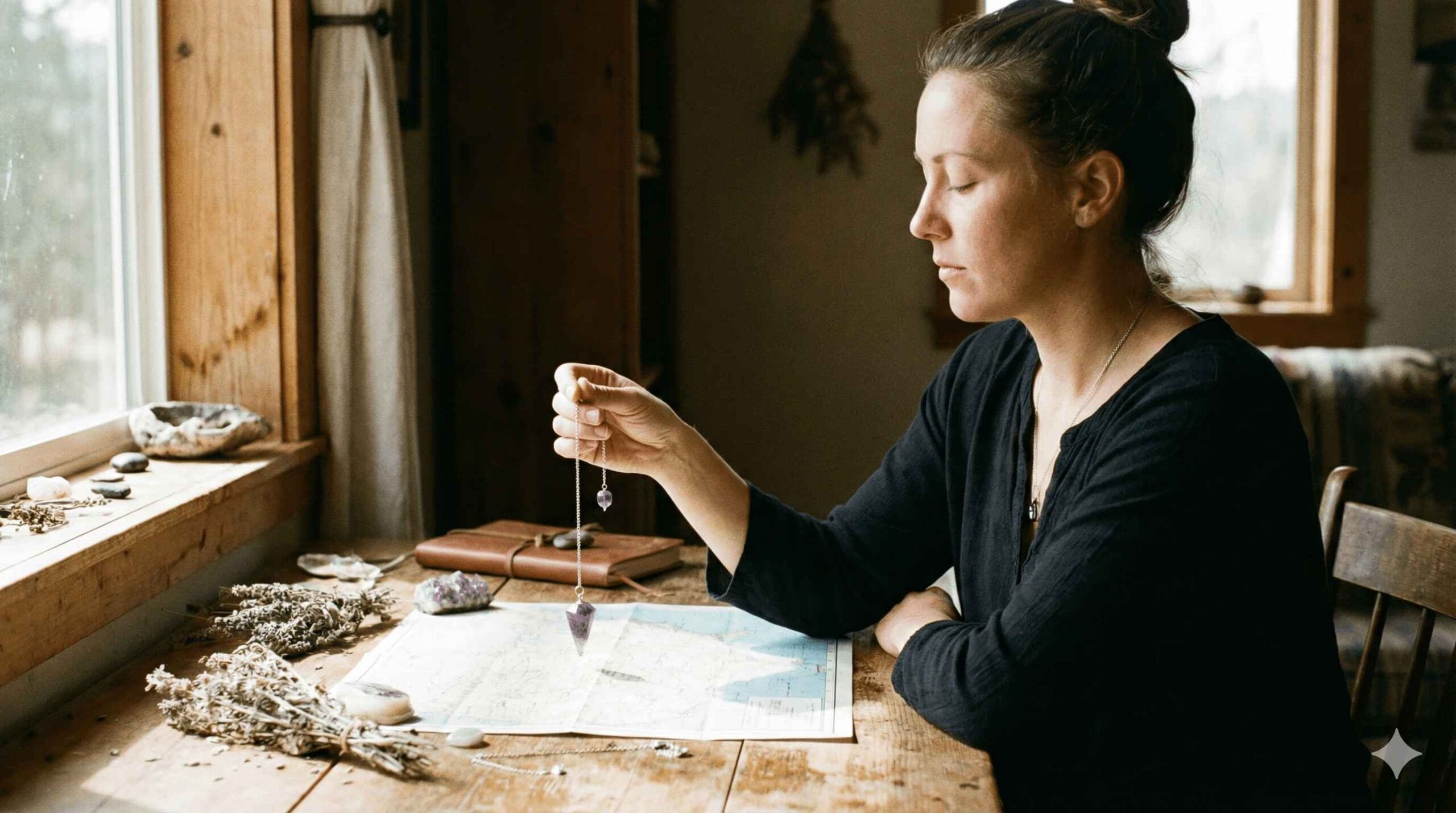 Femme concentrée, les yeux fermés, pratiquant la radiesthésie avec un pendule en pierre d'améthyste au-dessus d'une carte géographique. Elle est assise à une table en bois rustique près d'une fenêtre, entourée d'herbes séchées, d'un carnet en cuir et de cristaux, dans une ambiance calme et naturelle.